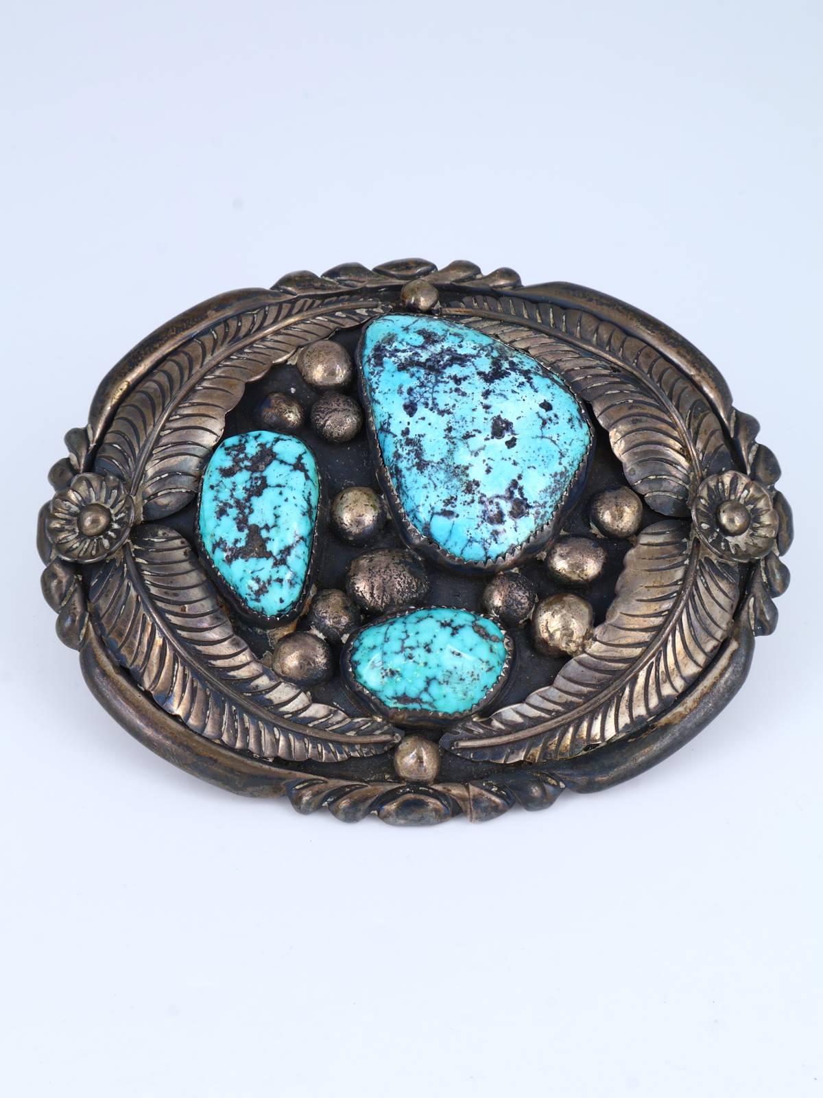 Vintage Navajo Heavy Sterling Silver Turquoise Belt Buckle - PuebloDirect.com