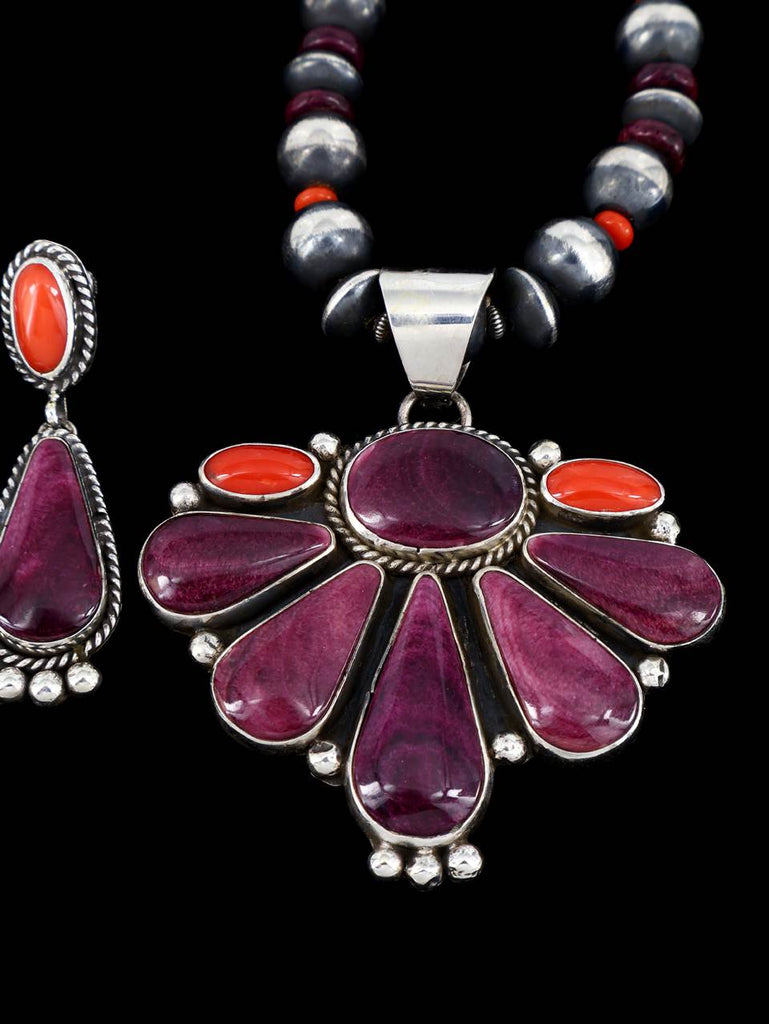 Native American Spiny Oyster and Coral Necklace and Earrings Set - PuebloDirect.com