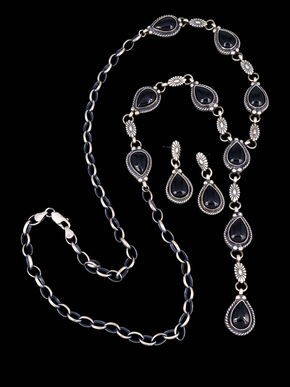 Native American Jewelry Black Onyx Lariat Necklace Set - PuebloDirect.com