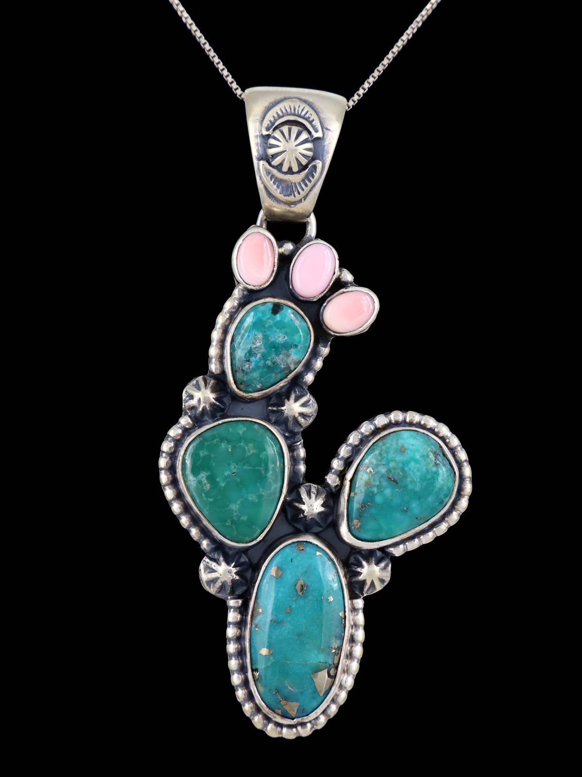 Navajo Sterling Silver Turquoise Prickly Pear Cactus Pendant - PuebloDirect.com