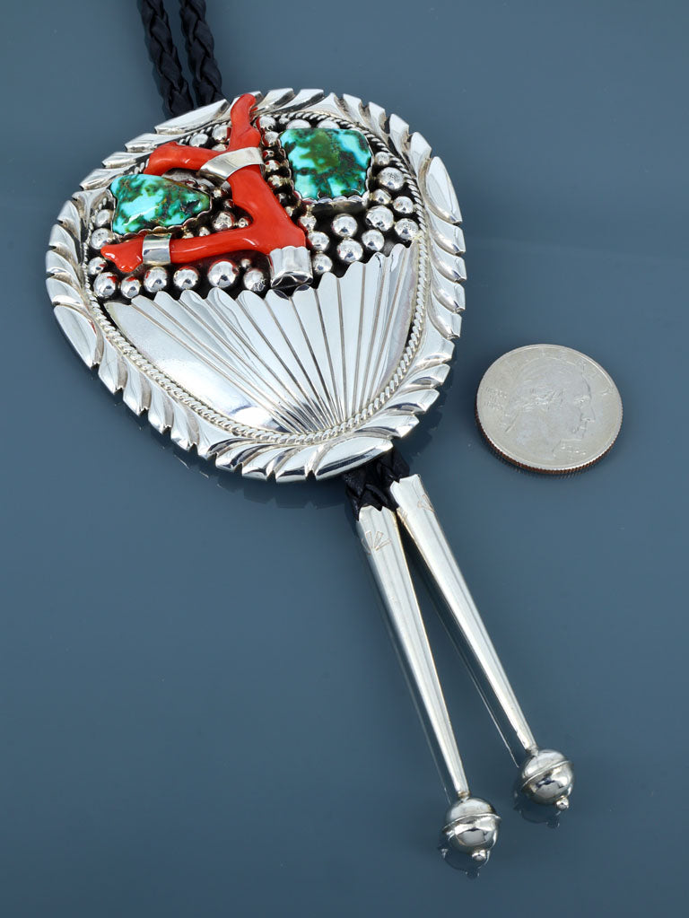 Native American Sonoran Gold Turquoise and Coral Sterling Silver Bolo Tie - PuebloDirect.com