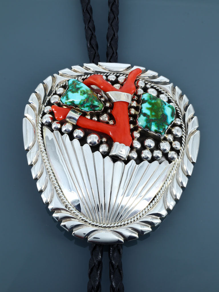 Native American Sonoran Gold Turquoise and Coral Sterling Silver Bolo Tie - PuebloDirect.com