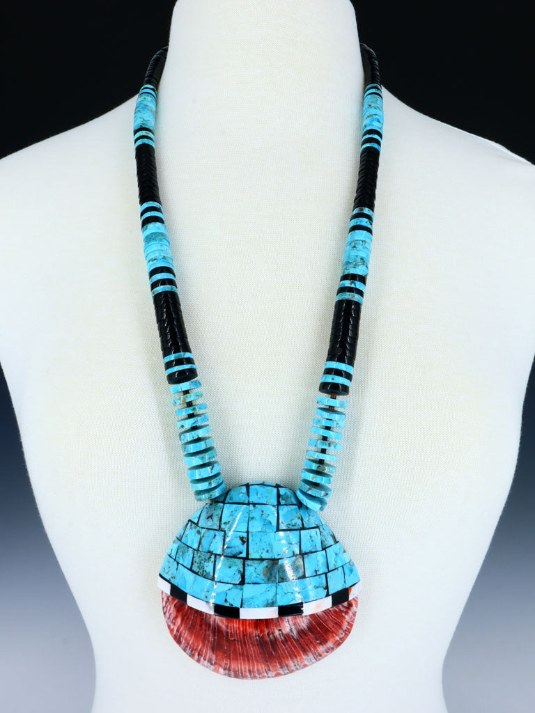 Native American Jewelry Santo Domingo Spiny Oyster Shell Mosaic Necklace - PuebloDirect.com