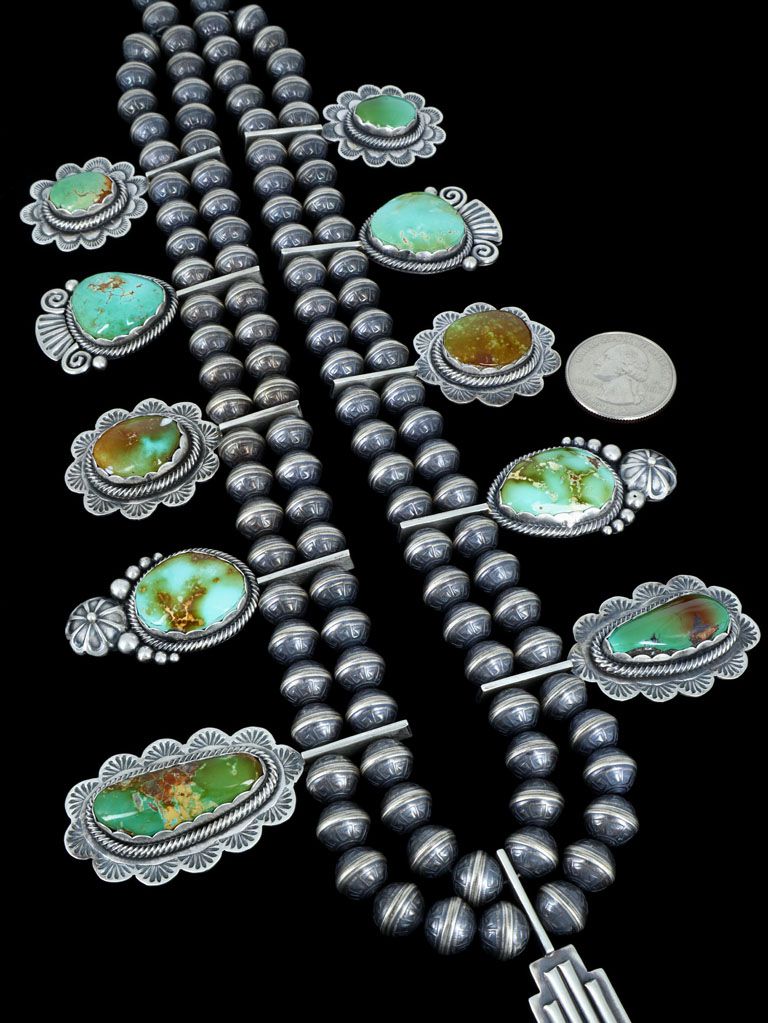 Large Native American Sterling Silver Royston Turquoise Zia Necklace - PuebloDirect.com