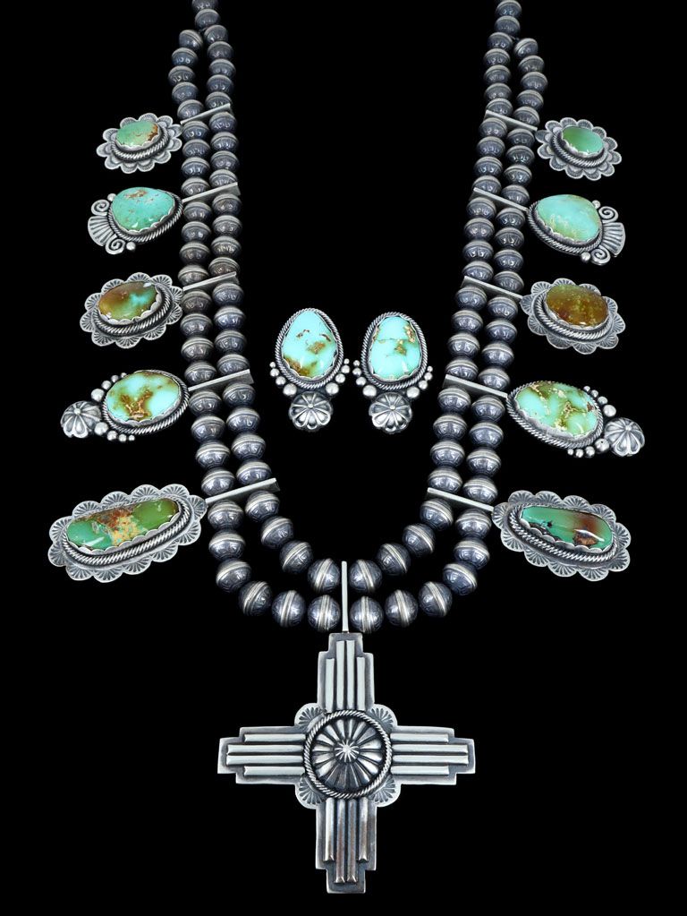Large Native American Sterling Silver Royston Turquoise Zia Necklace - PuebloDirect.com
