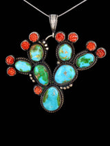 Navajo Sterling Silver Turquoise Prickly Pear Cactus Carved Rose Pendant