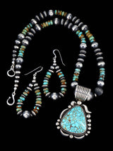 Native American Kingman Turquoise Sterling Silver Beaded Necklace and Earring Set
