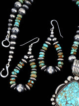 Native American Kingman Turquoise Sterling Silver Beaded Necklace and Earring Set