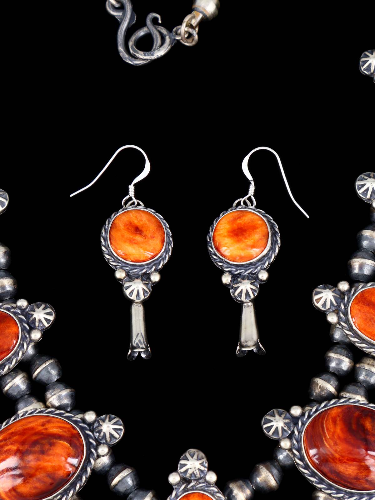 Navajo Spiny Oyster Sterling Silver Squash Blossom Necklace Set