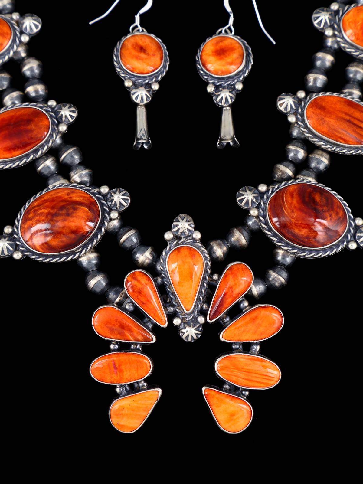 Navajo Spiny Oyster Sterling Silver Squash Blossom Necklace Set