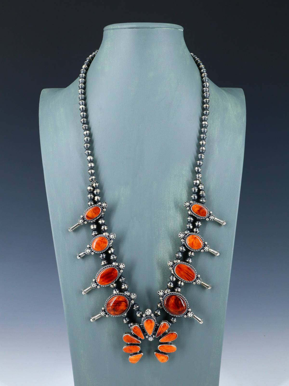 Navajo Spiny Oyster Sterling Silver Squash Blossom Necklace Set