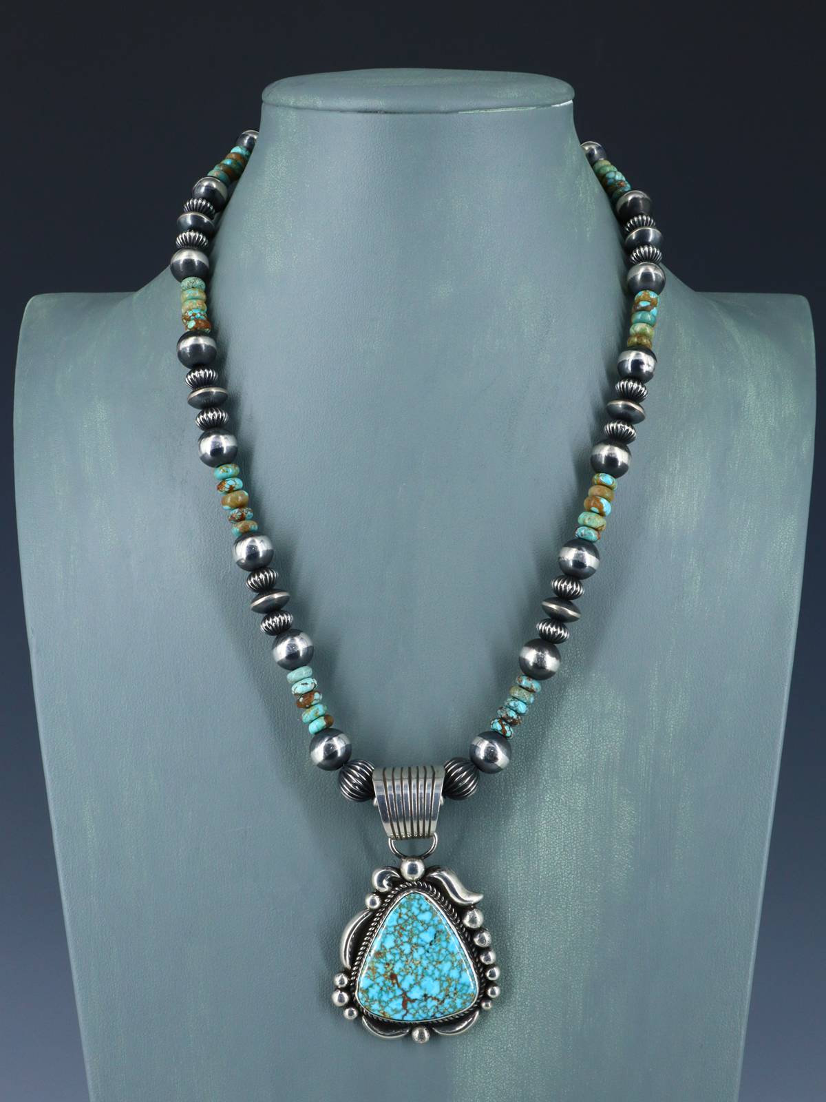 Native American Kingman Turquoise Sterling Silver Beaded Necklace and Earring Set