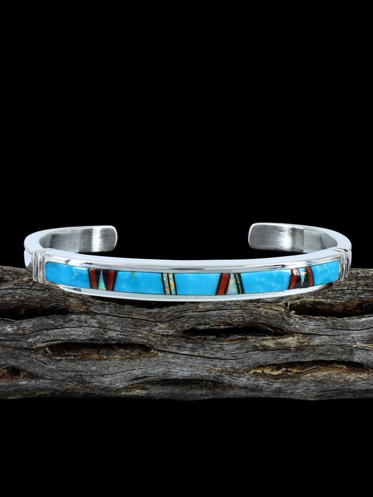 Native American Turquoise, Coral, and Opalite Inlay Bracelet - PuebloDirect.com