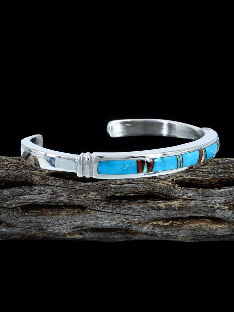 Native American Turquoise, Coral, and Opalite Inlay Bracelet - PuebloDirect.com