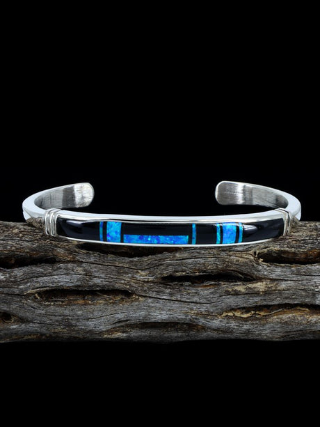 Native American Indian Black Jade and Opalite Inlay Cuff Bracelet - PuebloDirect.com