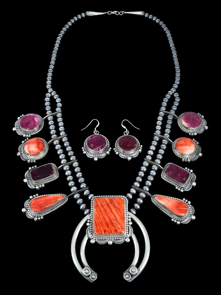 Navajo Jewelry Spiny Oyster Squash Blossom Necklace Set - PuebloDirect.com