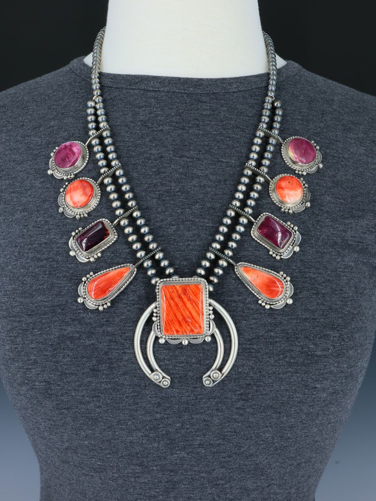 Navajo Jewelry Spiny Oyster Squash Blossom Necklace Set - PuebloDirect.com
