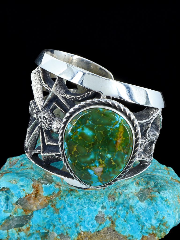 Native American Tufa Cast Sterling Silver Kingman Turquoise Bracelet - PuebloDirect.com