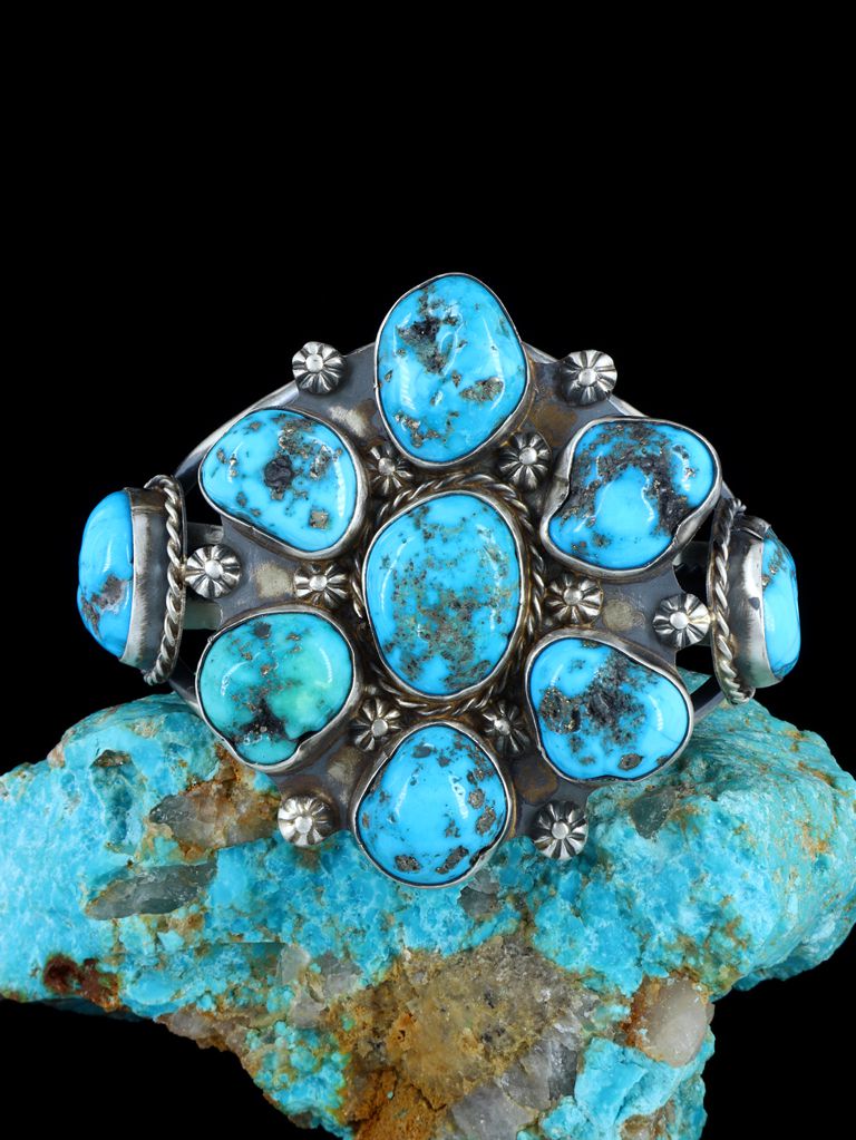 Native American Jewelry Kingman Turquoise Cluster Cuff Bracelet - PuebloDirect.com