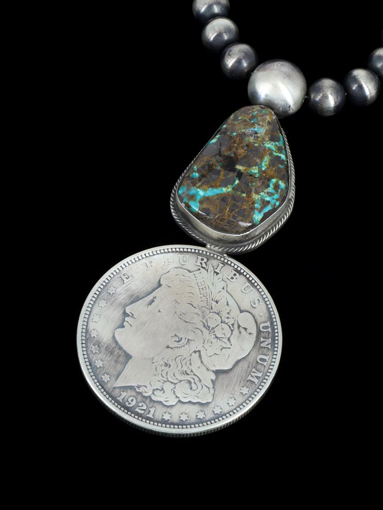 Navajo Sterling Silver Carico Lake Turquoise Coin Necklace - PuebloDirect.com