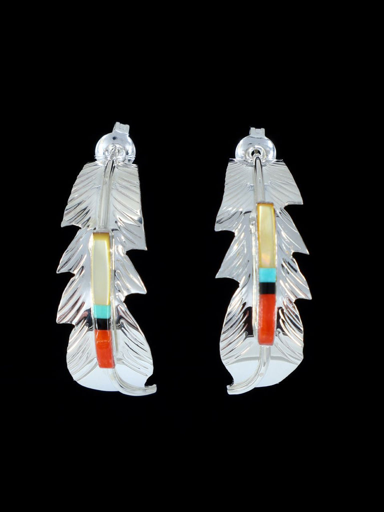 Navajo Sterling Silver Inlay Feather Post Earrings - PuebloDirect.com