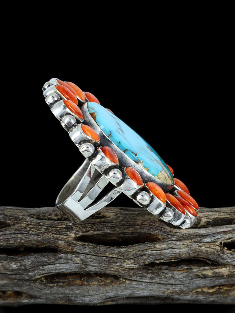 Navajo Royston Turquoise and Spiny Oyster Ring, Size 8 1/2 - PuebloDirect.com