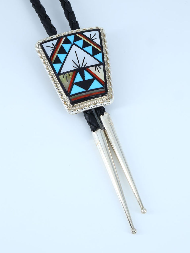 Sterling Silver Zuni Pueblo Inlay Turquoise and Mother of Pearl Bolo Tie - PuebloDirect.com