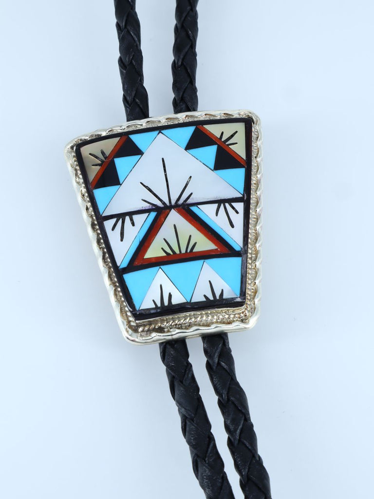 Sterling Silver Zuni Pueblo Inlay Turquoise and Mother of Pearl Bolo Tie - PuebloDirect.com