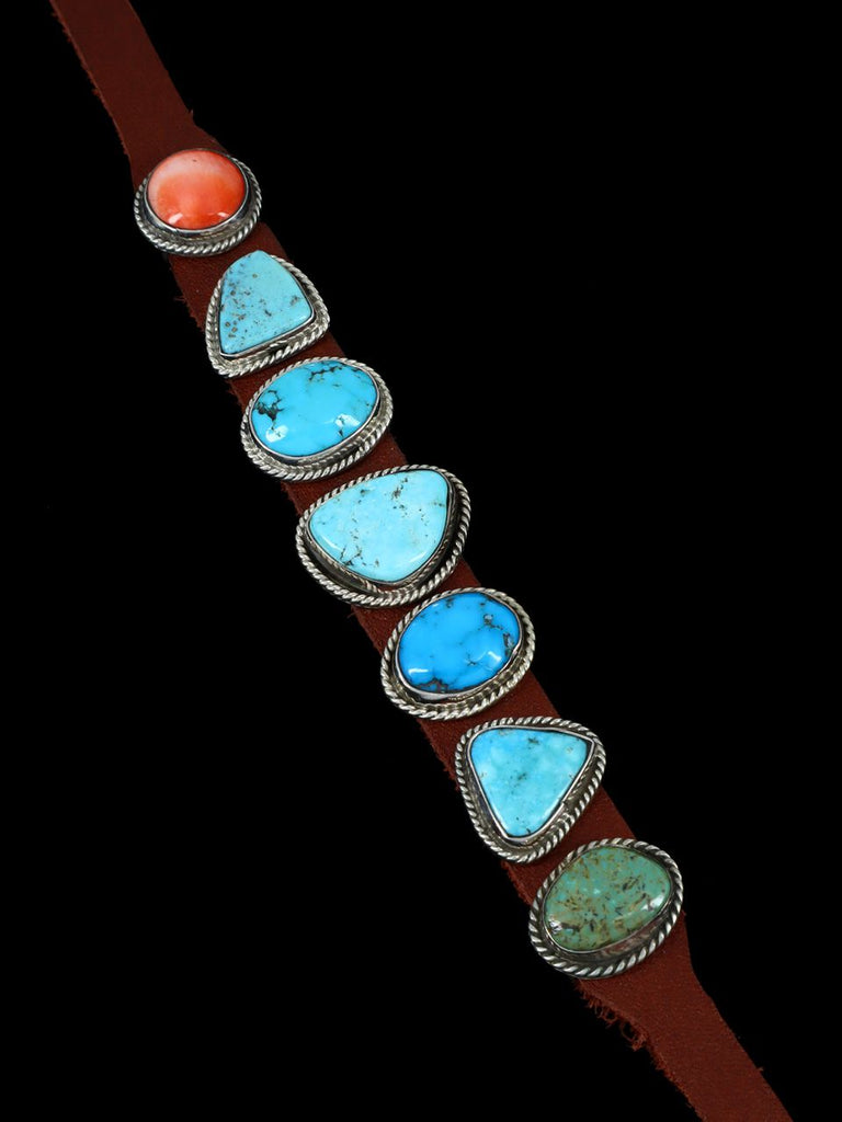 Native American Turquoise and Spiny Oyster Leather Band Bracelet - PuebloDirect.com