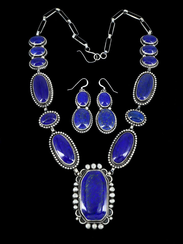 Native American Jewelry Sterling Silver Lapis Lariat Necklace Set - PuebloDirect.com