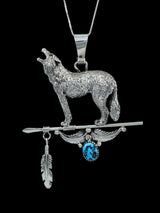 Navajo Sterling Silver 3D Turquoise Coyote Pendant - PuebloDirect.com
