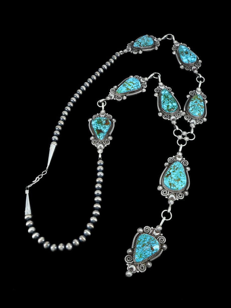 Navajo Lenora Garcia Small Turquoise and Sterling Silver Squash Blossom Necklace  and Earring Set