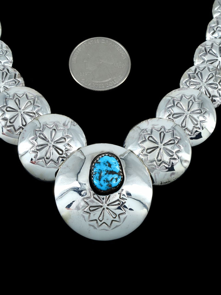 Navajo Turquoise Accented Stamped Sterling Silver Graduated Disk Necklace Set - PuebloDirect.com
