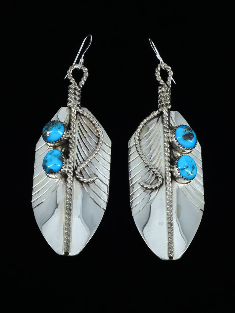 Navajo Sterling Silver Turquoise Dangle Feather Earrings - PuebloDirect.com
