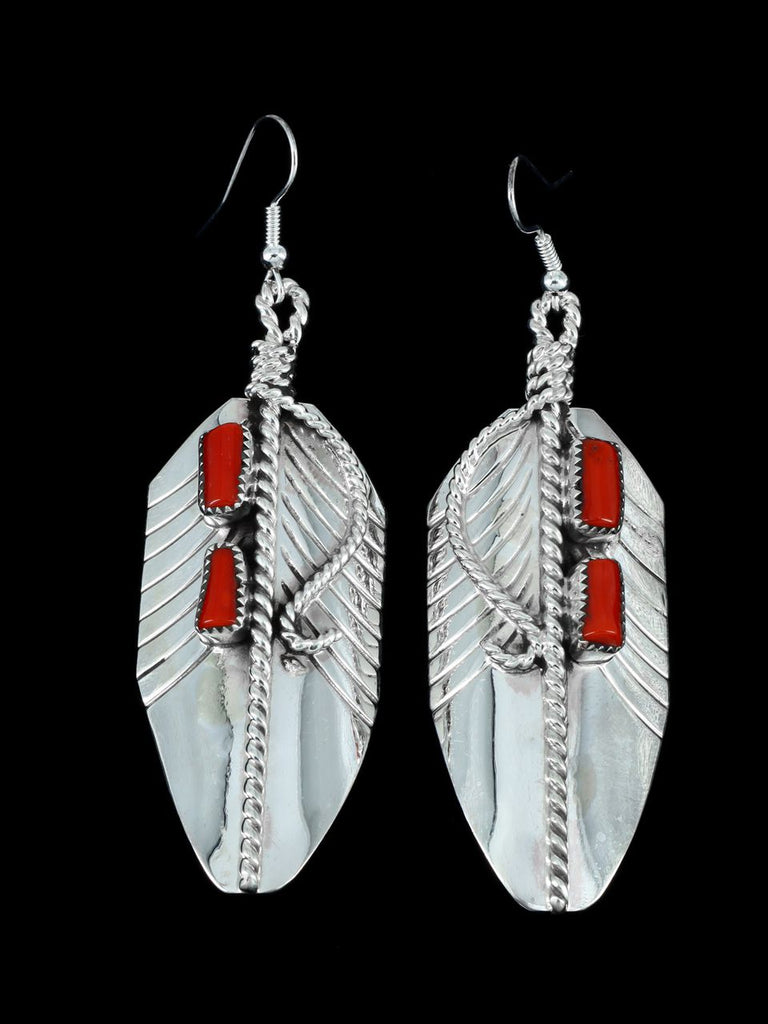 Navajo Sterling Silver Coral Dangle Feather Earrings - PuebloDirect.com