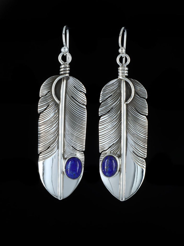 Navajo Sterling Silver Lapis Feather Dangle Earrings - PuebloDirect.com