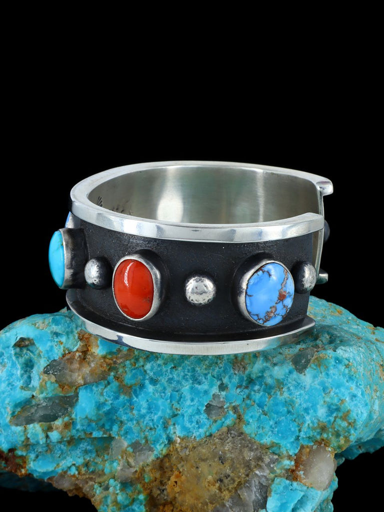 Native American Heavy Turquoise and Coral Cuff Bracelet - PuebloDirect.com