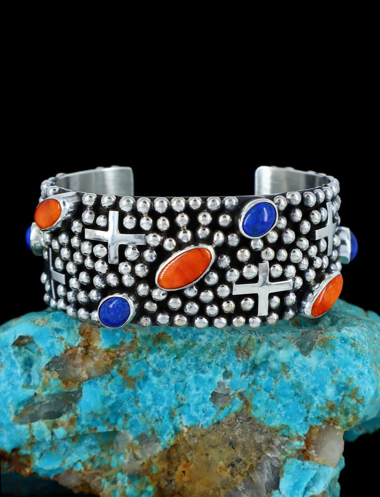 Native American Jewelry Sterling Silver Lapis and Spiny Oyster Cuff Bracelet - PuebloDirect.com