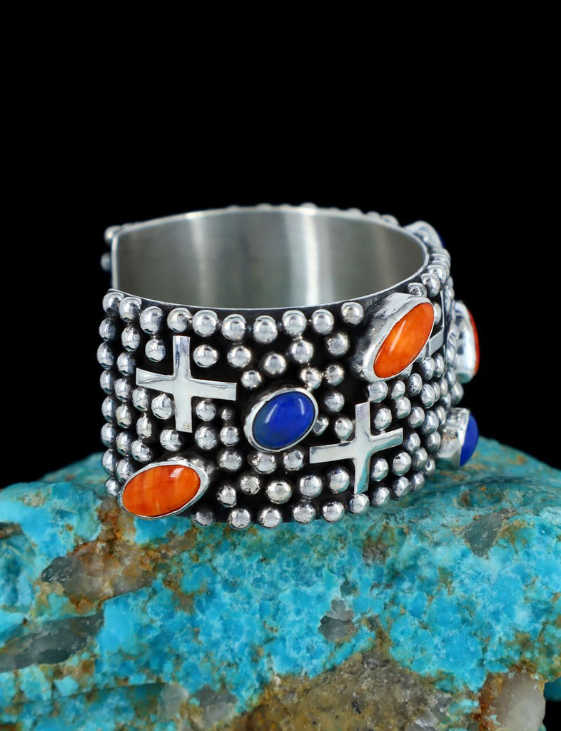 Native American Jewelry Sterling Silver Lapis and Spiny Oyster Cuff Bracelet - PuebloDirect.com