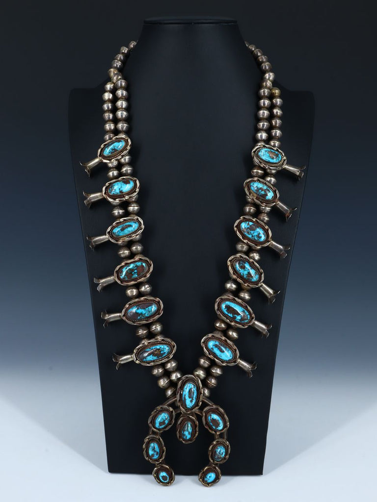 Large Vintage Native American Turquise Sterling Silver Squash Blossom Necklace - PuebloDirect.com