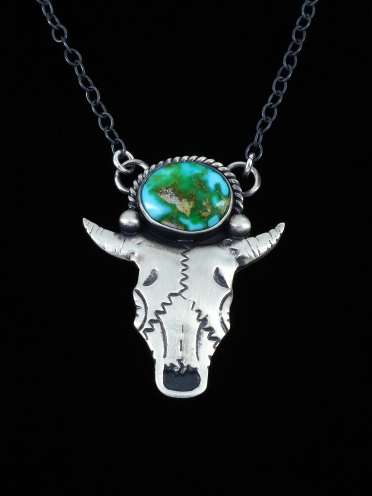 Navajo Sterling Silver Turquoise Cow Skull Pendant - PuebloDirect.com