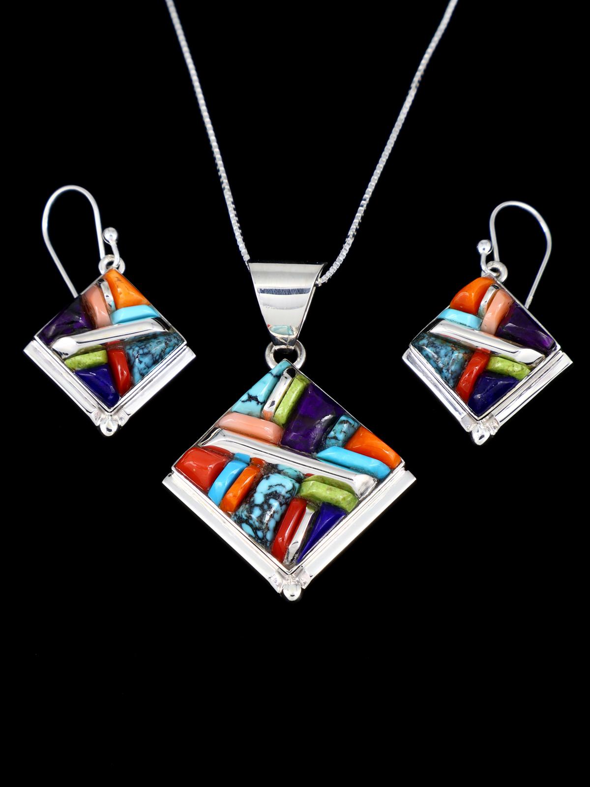 Multistone Navajo Cobblestone Inlay Sterling Silver Pendant and Earrings Set - PuebloDirect.com