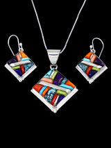 Multistone Navajo Cobblestone Inlay Sterling Silver Pendant and Earrings Set - PuebloDirect.com