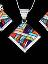 Multistone Navajo Cobblestone Inlay Sterling Silver Pendant and Earrings Set - PuebloDirect.com
