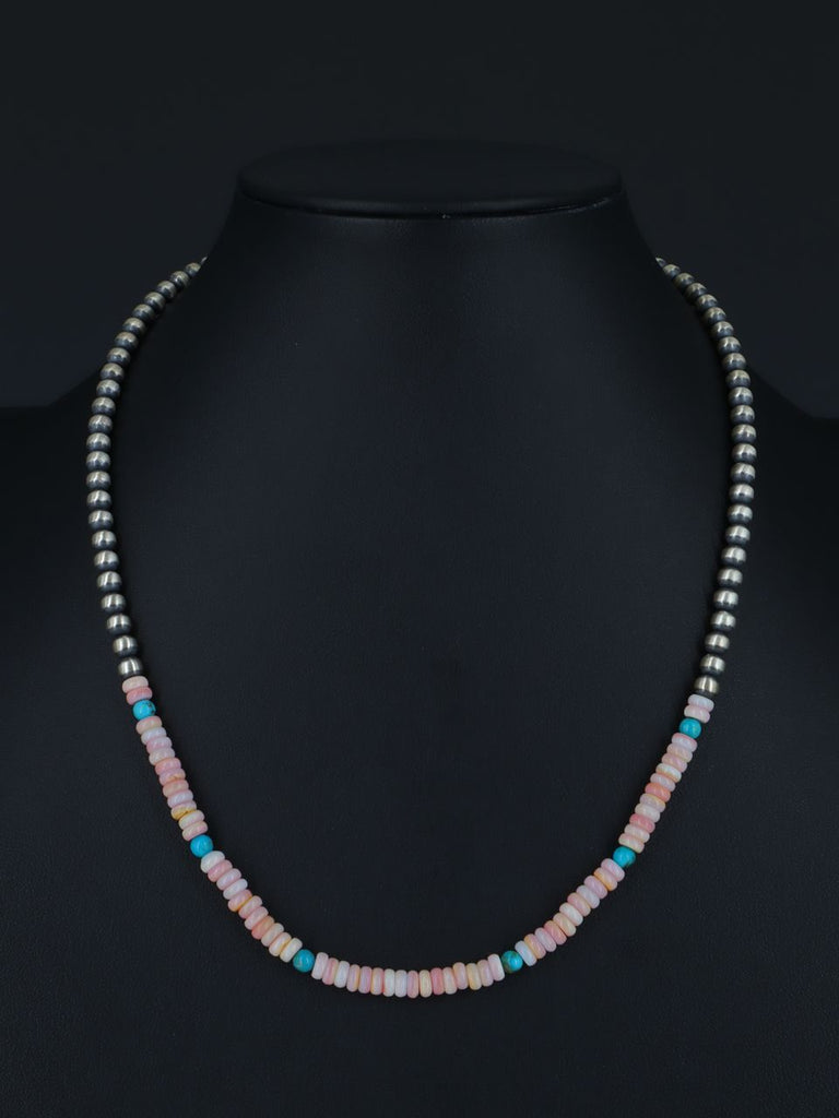 20" Navajo Jewelry Single Strand Turquoise and Pink Conch Sterling Silver Beaded Necklace - PuebloDirect.com