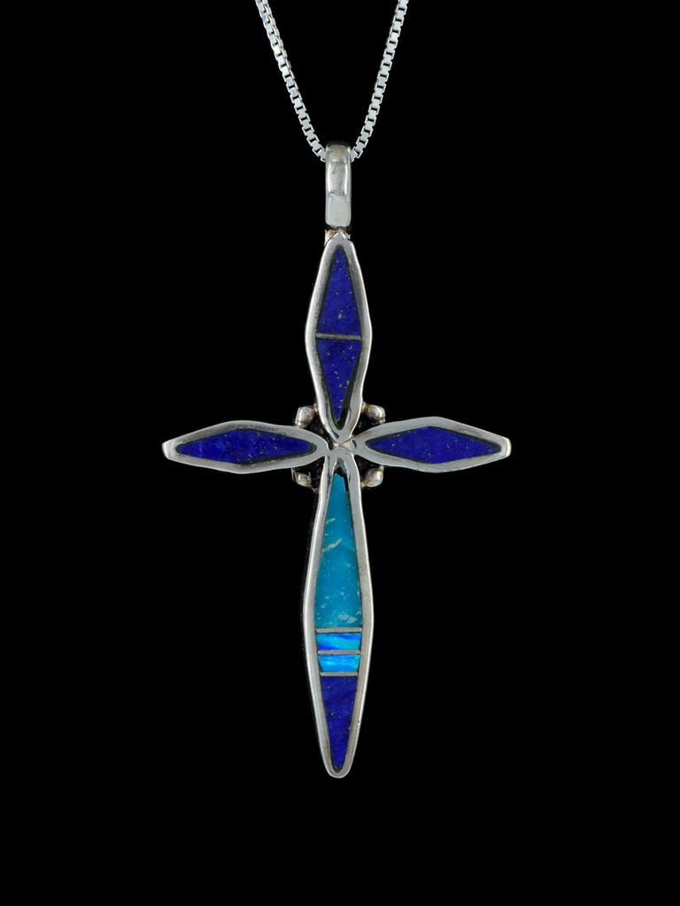 Navajo Necklace Inlay Lapis and Turquoise Cross Pendant - PuebloDirect.com