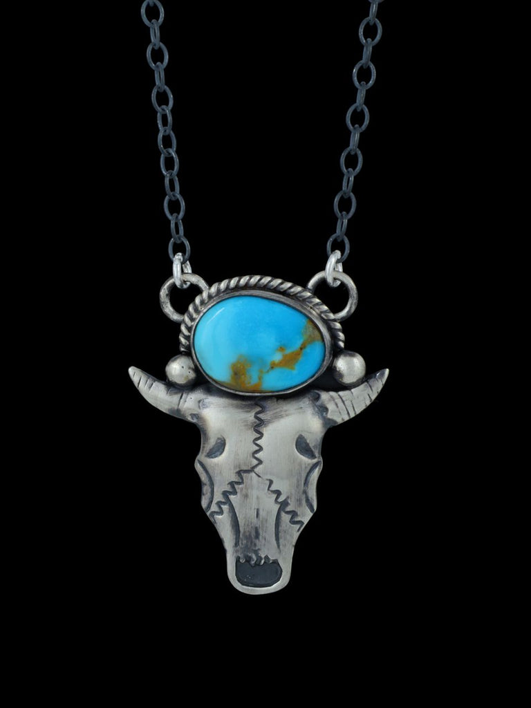 Navajo Sterling Silver Turquoise Cow Skull Pendant - PuebloDirect.com