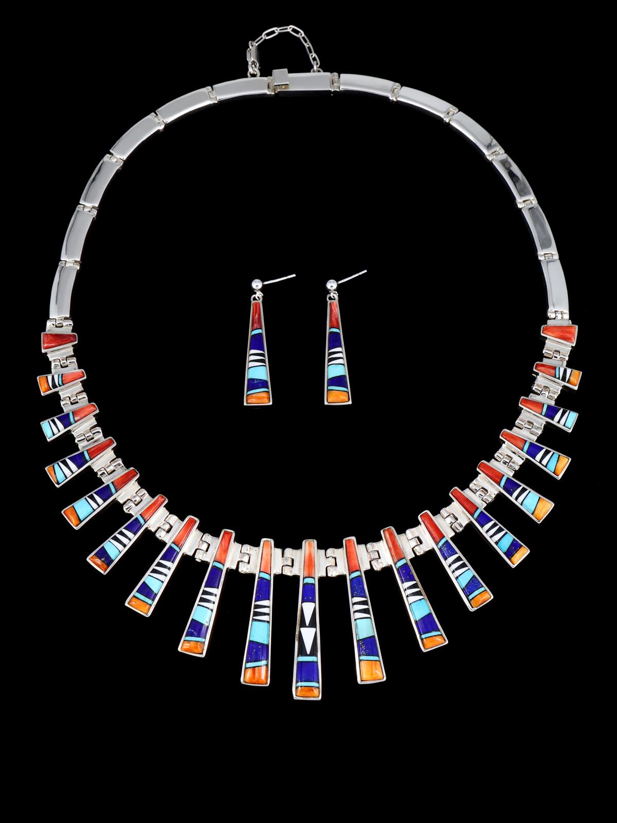 Navajo Spiny Oyster and Turquoise Inlay Sterling Silver Link Necklace Set - PuebloDirect.com