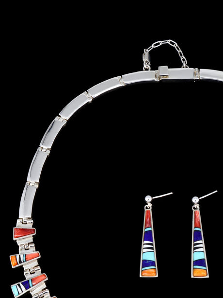 Navajo Spiny Oyster and Turquoise Inlay Sterling Silver Link Necklace Set