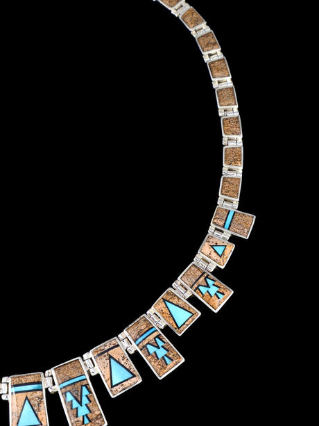 Navajo Jasper and Turquoise Inlay Sterling Silver Link Necklace Set